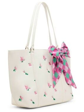 NEW Betsey Johnson White Rosebud Tote Bag with Pink Green Scarf
